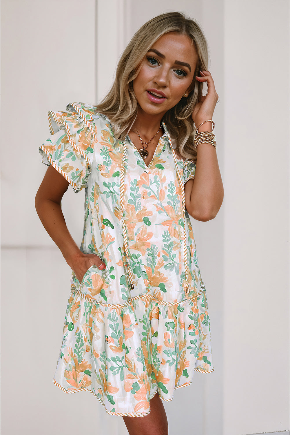 Pink Floral Contrast Edge Layered Short Sleeve Mini Dress
