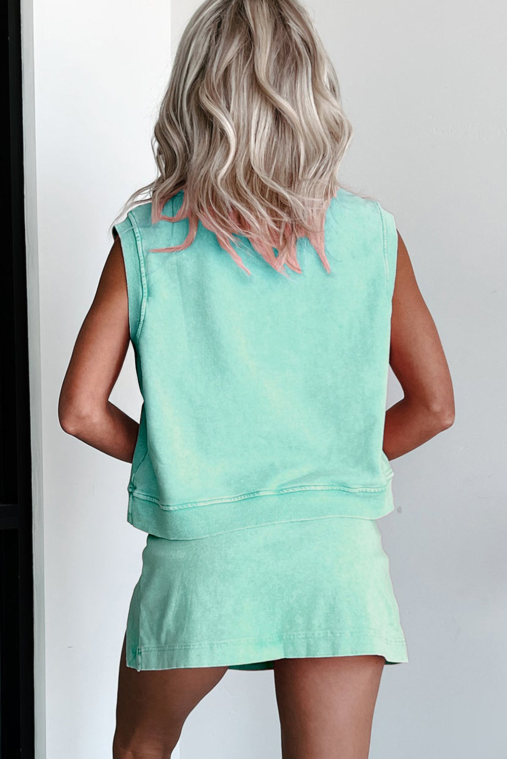 Light Pink 2 Pieces Mineral Wash Cotton Tank Top Lined Split Skirt Set