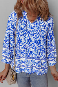 Blue Boho Printed 3/4 Sleeve Tied Neck Blouse