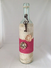 Wine Bottle Vase, Shabby Chic, Paper Flowers and Skeleton keys, Handwrapped with Twine