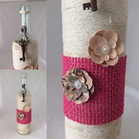 Wine Bottle Vase, Shabby Chic, Paper Flowers and Skeleton keys, Handwrapped with Twine